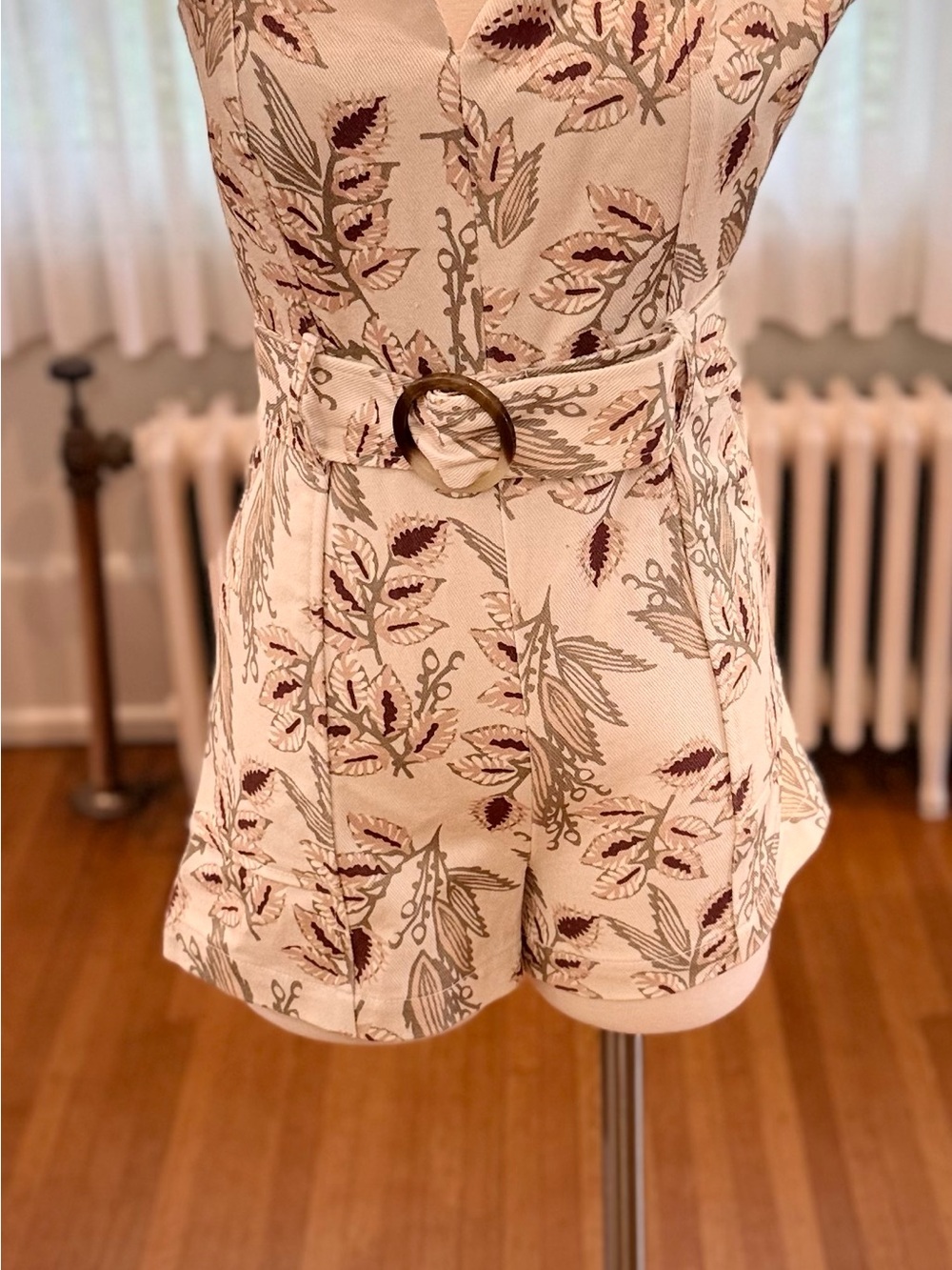 INTERMIX Floral Print Belted Romper in Cream and Brown
